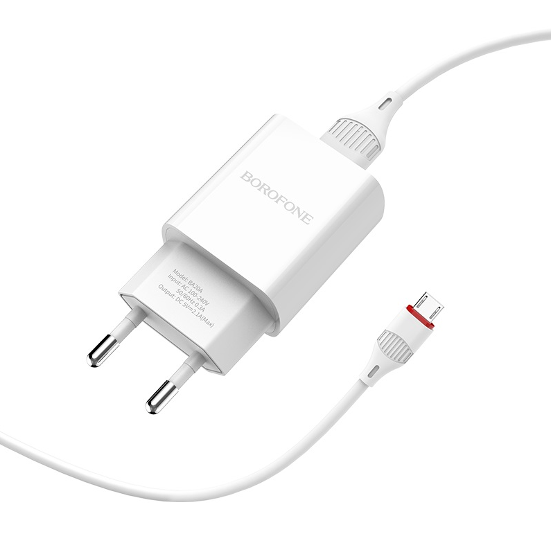 Pack Adaptateur secteur 2.1A et câble Micro-USB 1m Borofone BA20A blanc