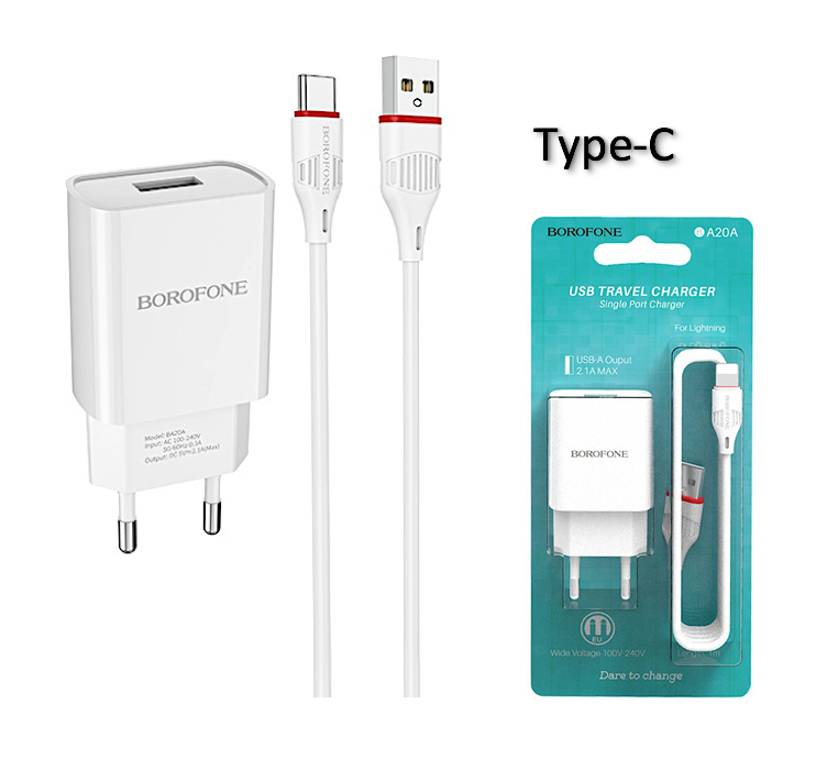 Adaptateur secteur et câble USB-C 2.1A Borofone BA20A blanc