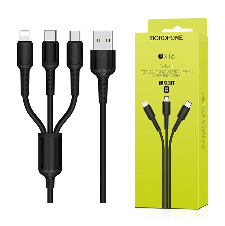 Câble 3en1 Borofone BX16 noir - Lightning - Type-C - Micro USB 1M