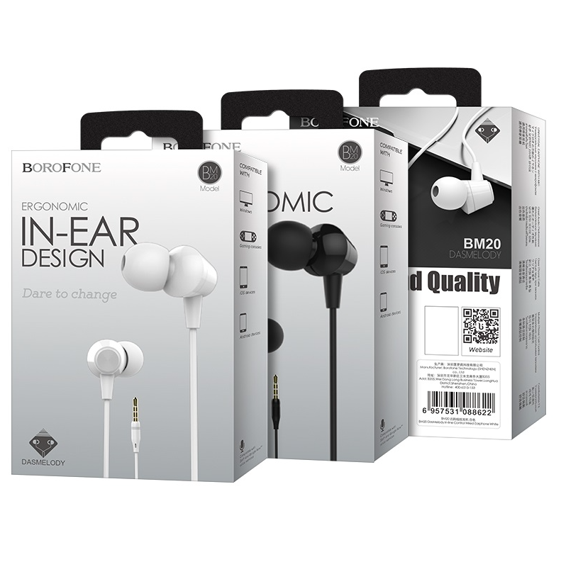 Écouteurs intra-auriculaires avec micro, prise audio 3,5 mm, bouton de commande, câble 1,2 m Borofone BM20