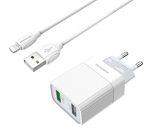 Chargeur Secteur Blanc QC3.0 + câble Lightning 1m Borofone (BA39A)