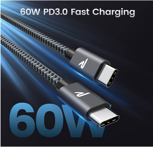 Câble USB-C / USB-C 60W Nylon Tressé RAMPOW Gris/Noir - 2m