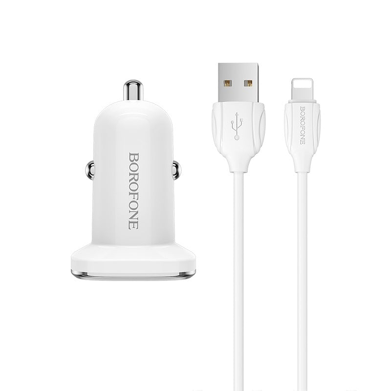 Kit chargeur allume cigare double USB + câble Lightning 1m borofone BZ12 blanc