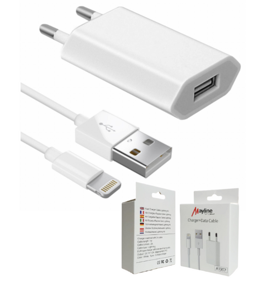 Kit Chargeur + Câble USB vers Lightning 1M blanc (Mayline)