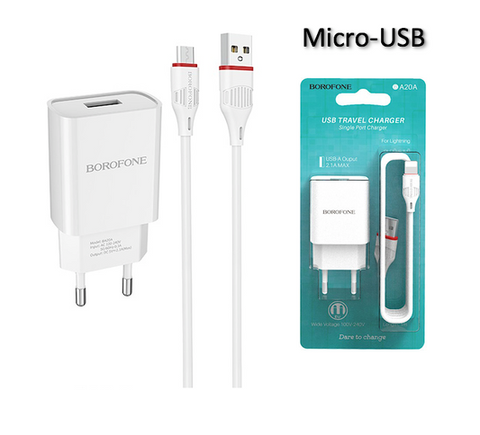 Pack Adaptateur secteur 2.1A et câble Micro-USB 1m Borofone BA20A blanc
