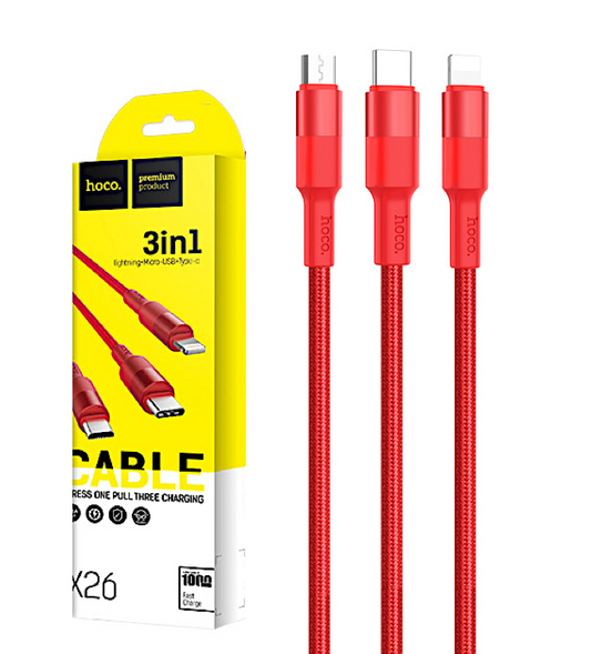 Câble 3en1 Hoco X26 Rouge Lightning - Type-C - Micro USB 1M