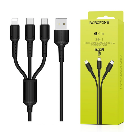 Câble 3en1 Borofone BX16 noir - Lightning - Type-C - Micro USB 1M