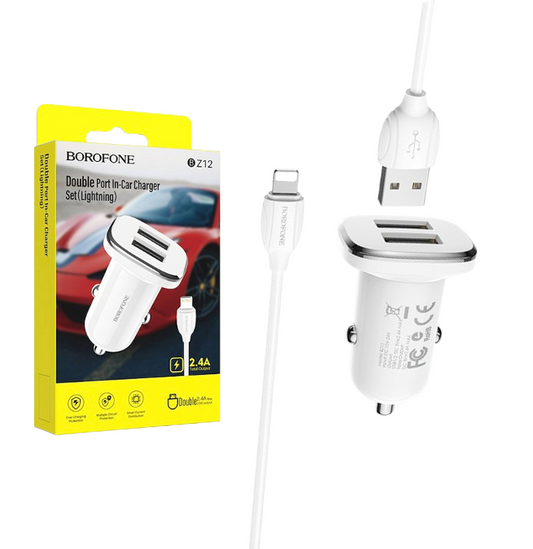 Kit chargeur allume cigare double USB + câble Lightning 1m borofone BZ12 blanc
