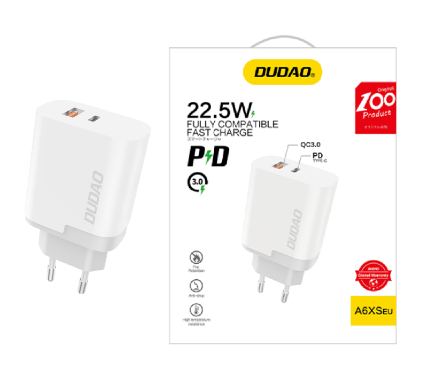 Chargeur secteur 22.5W USB Type C et USB 3.0 Quick Charge Power delivery dudao A6XS blanc