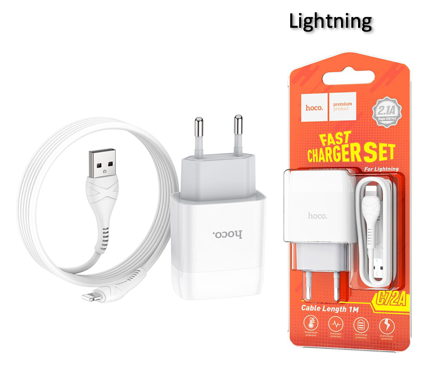 Kit chargeur secteur et câble Lightning 2.1A Hoco C72A blanc