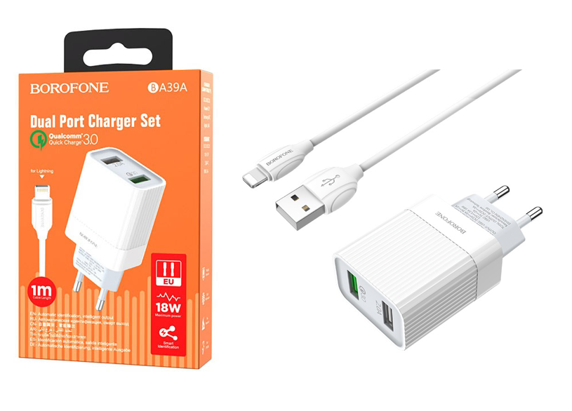 Chargeur Secteur Blanc QC3.0 + câble Lightning 1m Borofone (BA39A)