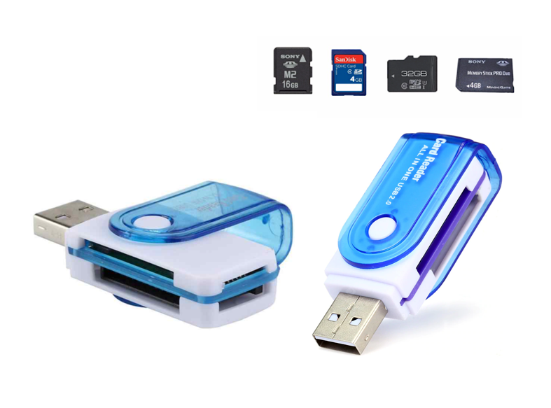 Lecteur de carte mémoire USB 2.0 4en1 ( SD / SDHC,Micro SD, MS / MS DUO, M2) - CR02 bleu