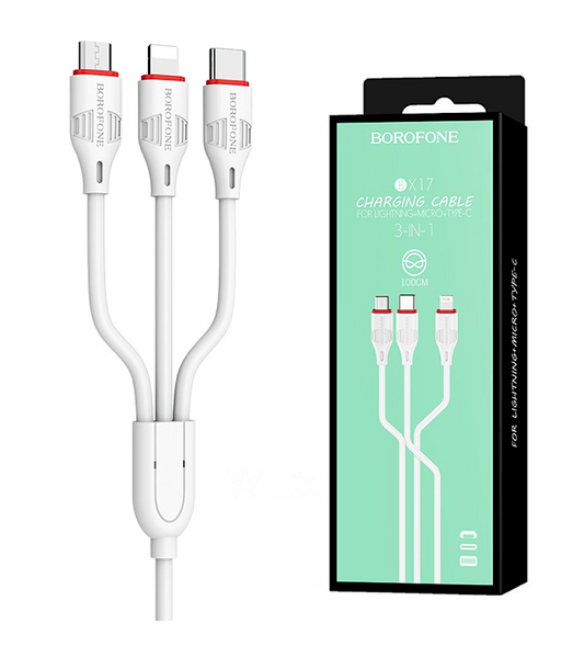 Câble 3en1 Borofone BX17 blanc - Lightning - Type-C - Micro USB 1M