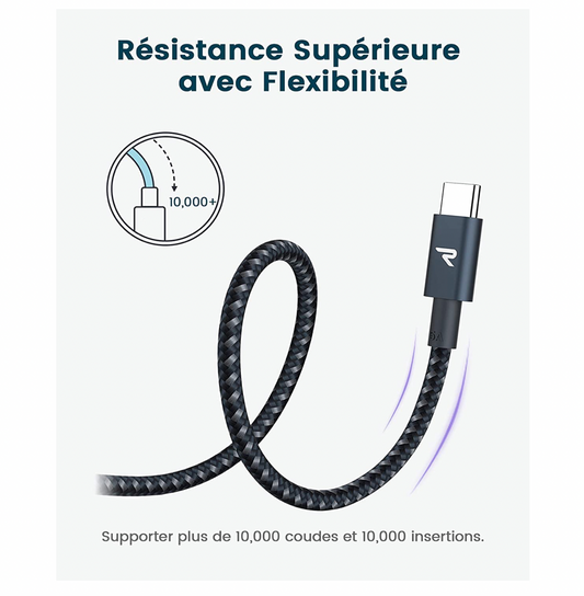 Câble USB / USB-C Nylon Tressé RAMPOW Gris/Noir - 1m