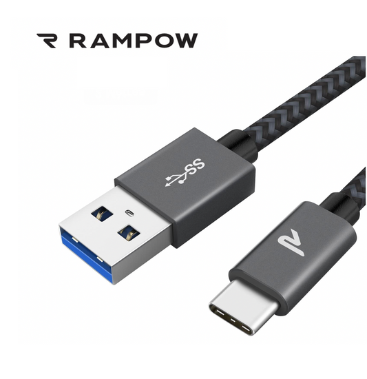 Câble USB / USB-C Nylon Tressé RAMPOW Gris/Noir - 1m