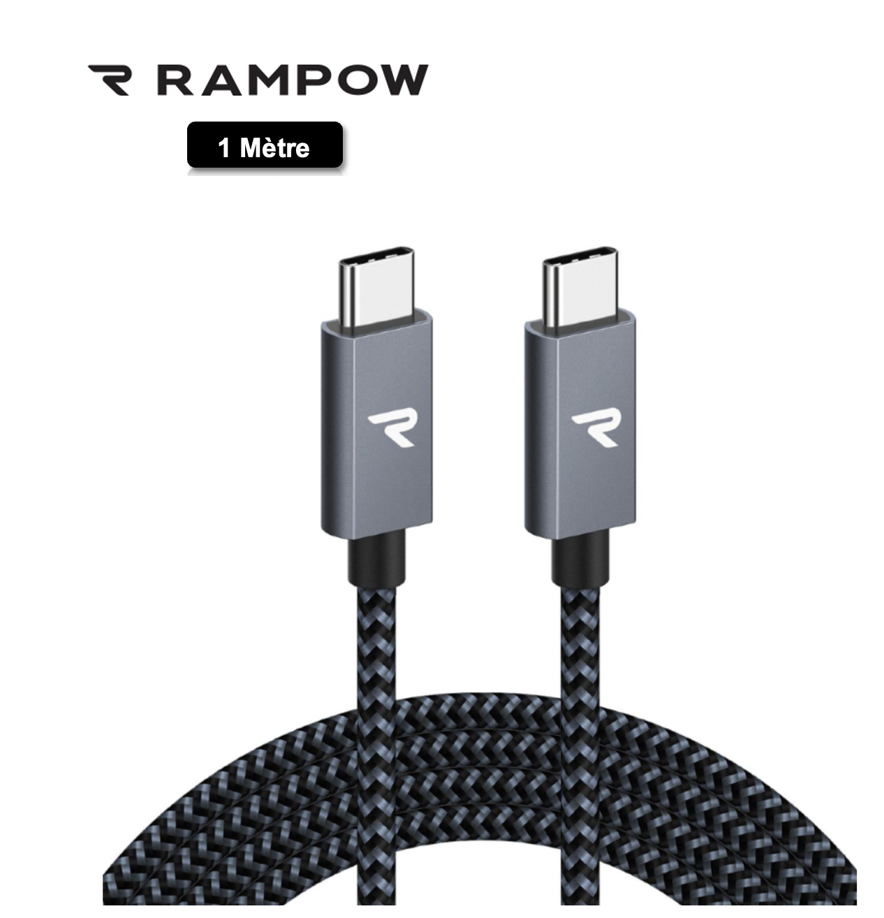 Câble USB-C / USB-C 60W Nylon Tressé RAMPOW Gris/Noir - 1m