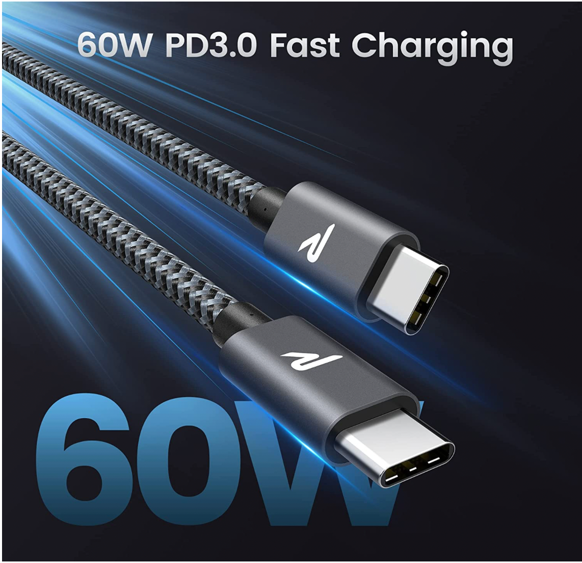 Câble USB-C / USB-C 60W Nylon Tressé RAMPOW Gris/Noir - 1m