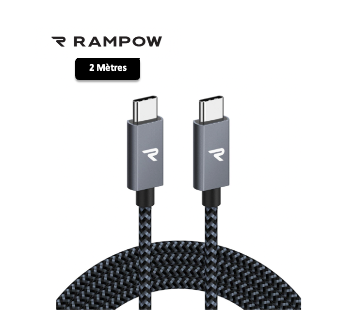 Câble USB-C / USB-C 60W Nylon Tressé RAMPOW Gris/Noir - 2m