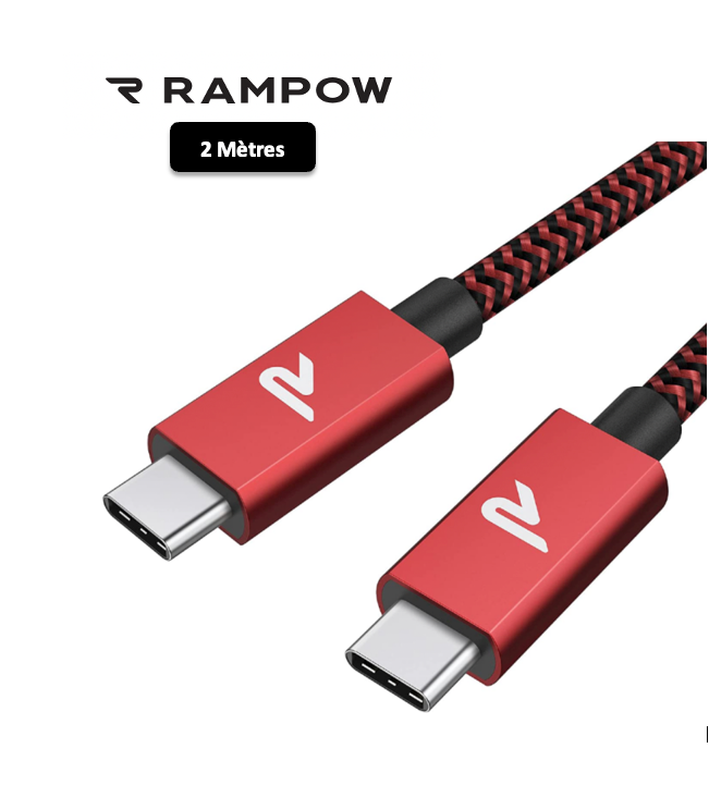 Câble USB-C / USB-C 60W Nylon Tressé RAMPOW Rouge/Noir - 2m