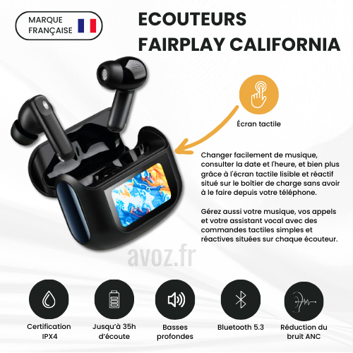 Écouteurs sans fil écran tactile et réduction de bruit ANC Fairplay noir
