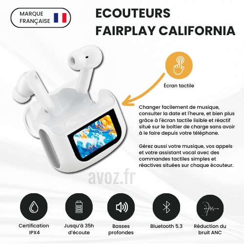 Écouteurs sans fil écran tactile et réduction de bruit ANC Fairplay blanc