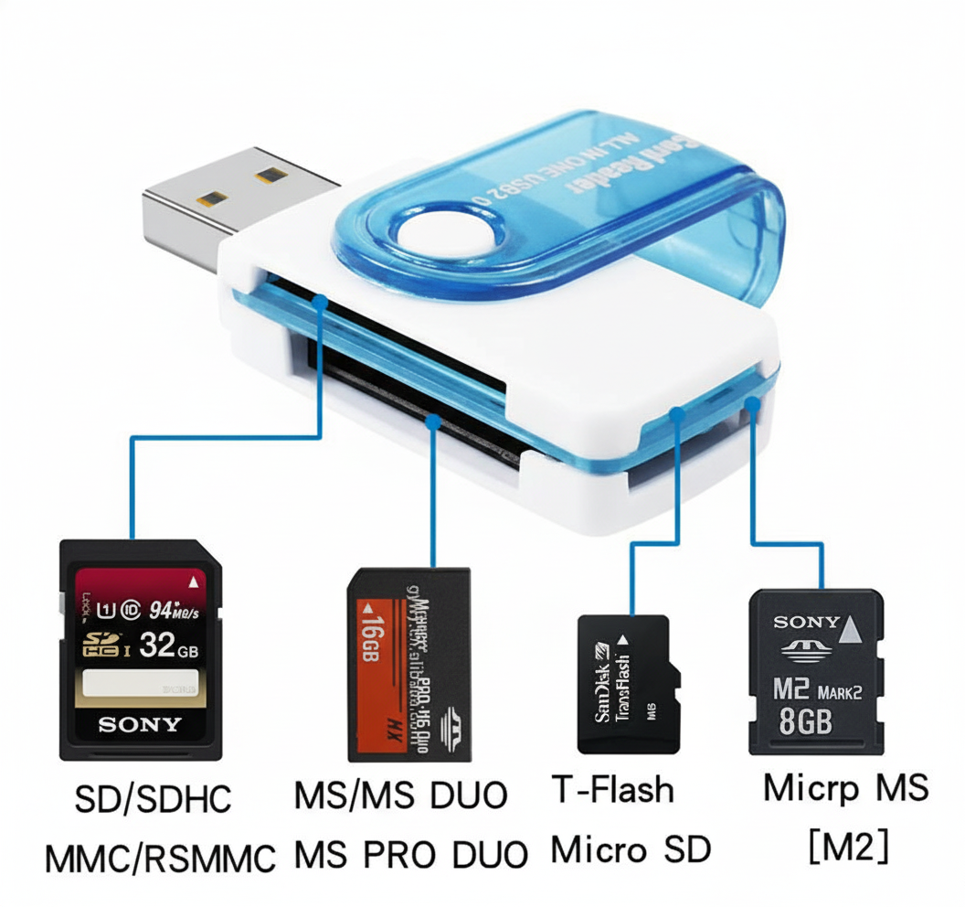 Lecteur de carte mémoire USB 2.0 4en1 ( SD / SDHC,Micro SD, MS / MS DUO, M2) - CR02 bleu