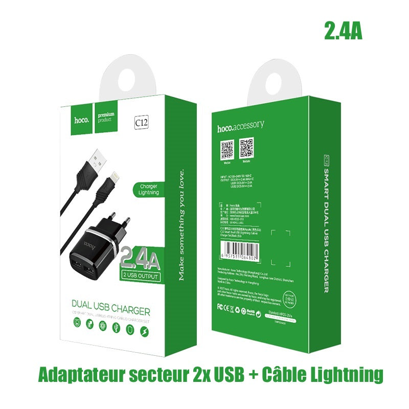 Kit chargeur secteur 2 USB 2.4A + câble Lightning 1m hoco C12noir